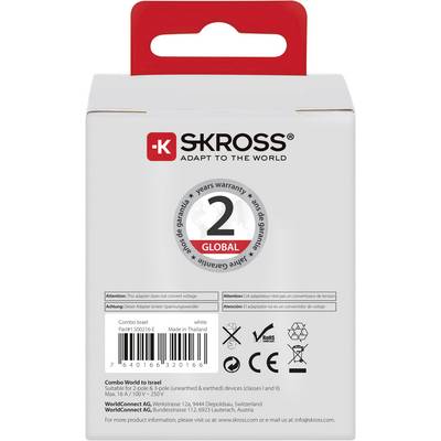 Verpackungsrückseite eines Reisesteckers von SKROSS mit Aufschrift '2 Jahre Garantie' und 'Combo World to Israel', inklusive CE-Zeichen.