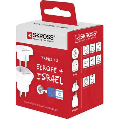 Weiße Reisesteckdose von SKROSS, passend für Europa und Israel, verpackt in roter Box. Verpackung zeigt Steckdosenarten und Flaggen.