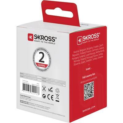 Reiseadapter-Verpackung der Marke 'SKROSS' mit weltweitem Nutzungsbereich. Liste der Länder sowie Hinweise zur Kompatibilität sind angegeben.
