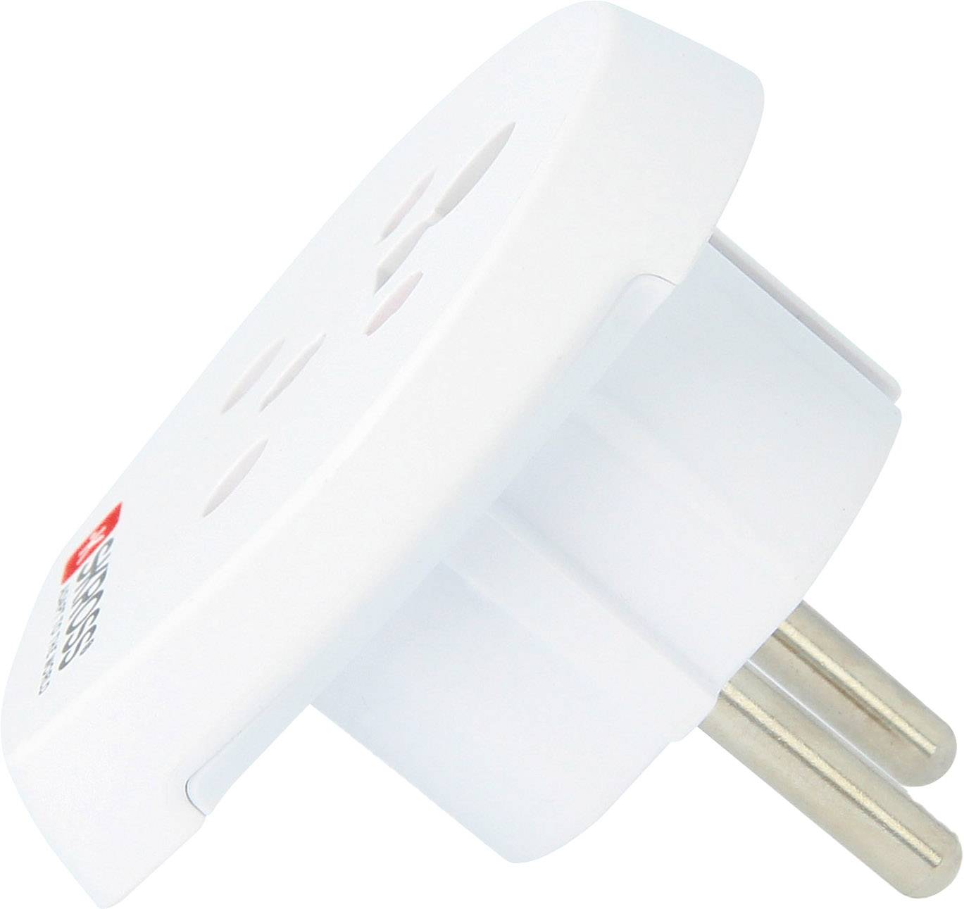 Ein weißer Steckdosenadapter mit zwei Steckplätzen und einem Stecker zeigt seitlich, geeignet zum Herstellen internationaler Verbindungen.