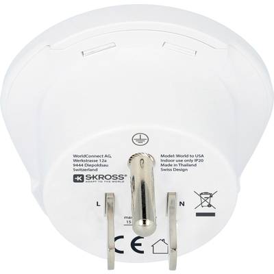 'Welt auf USA' Netzadapter von Skross, weiß, zeigt Steckerpins für US-Steckdosen, geeignet für Geräte mit Eurostecker.