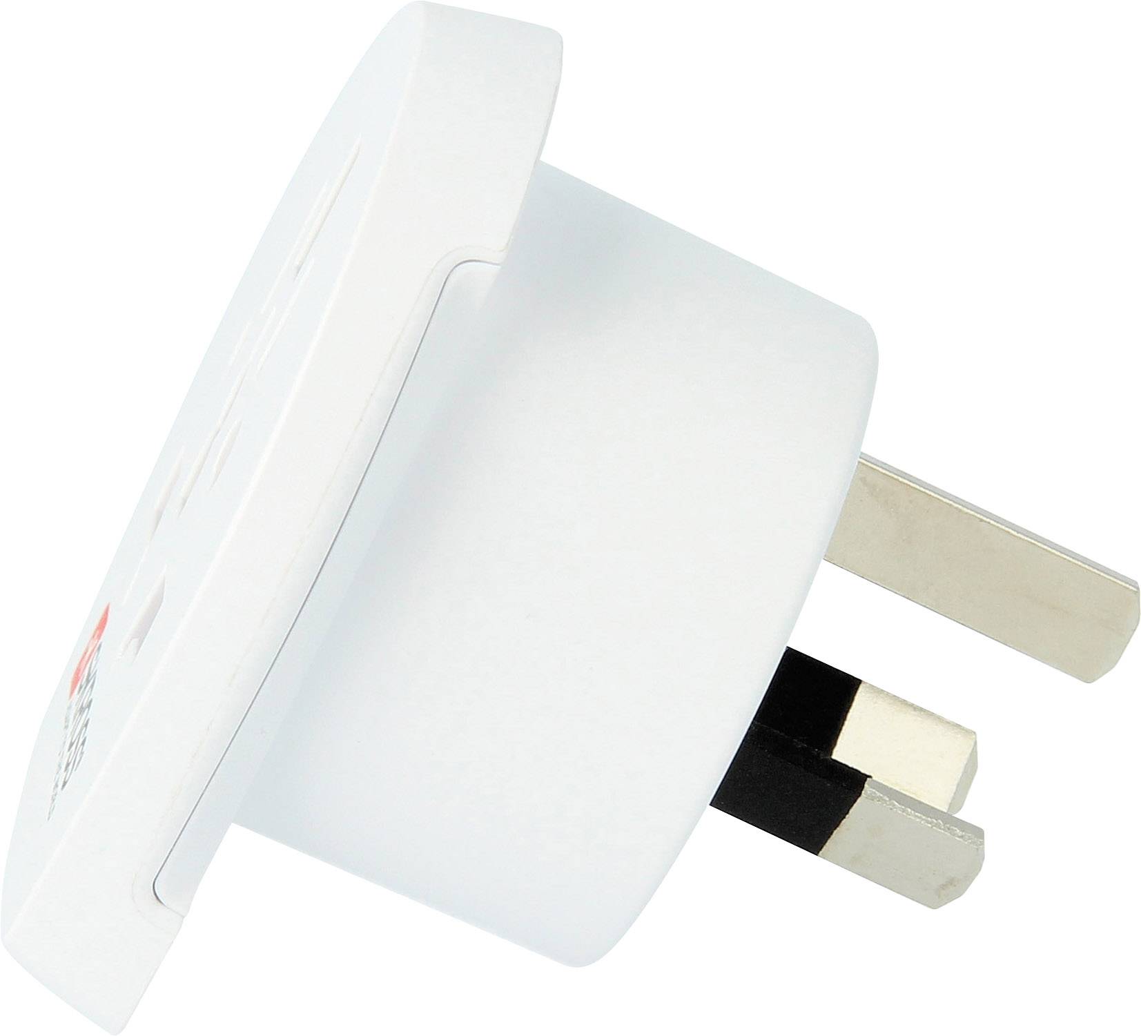 Ein weißer Adapter mit drei Metallstiften zur Verwendung in Steckdosen, seitliche Ansicht.