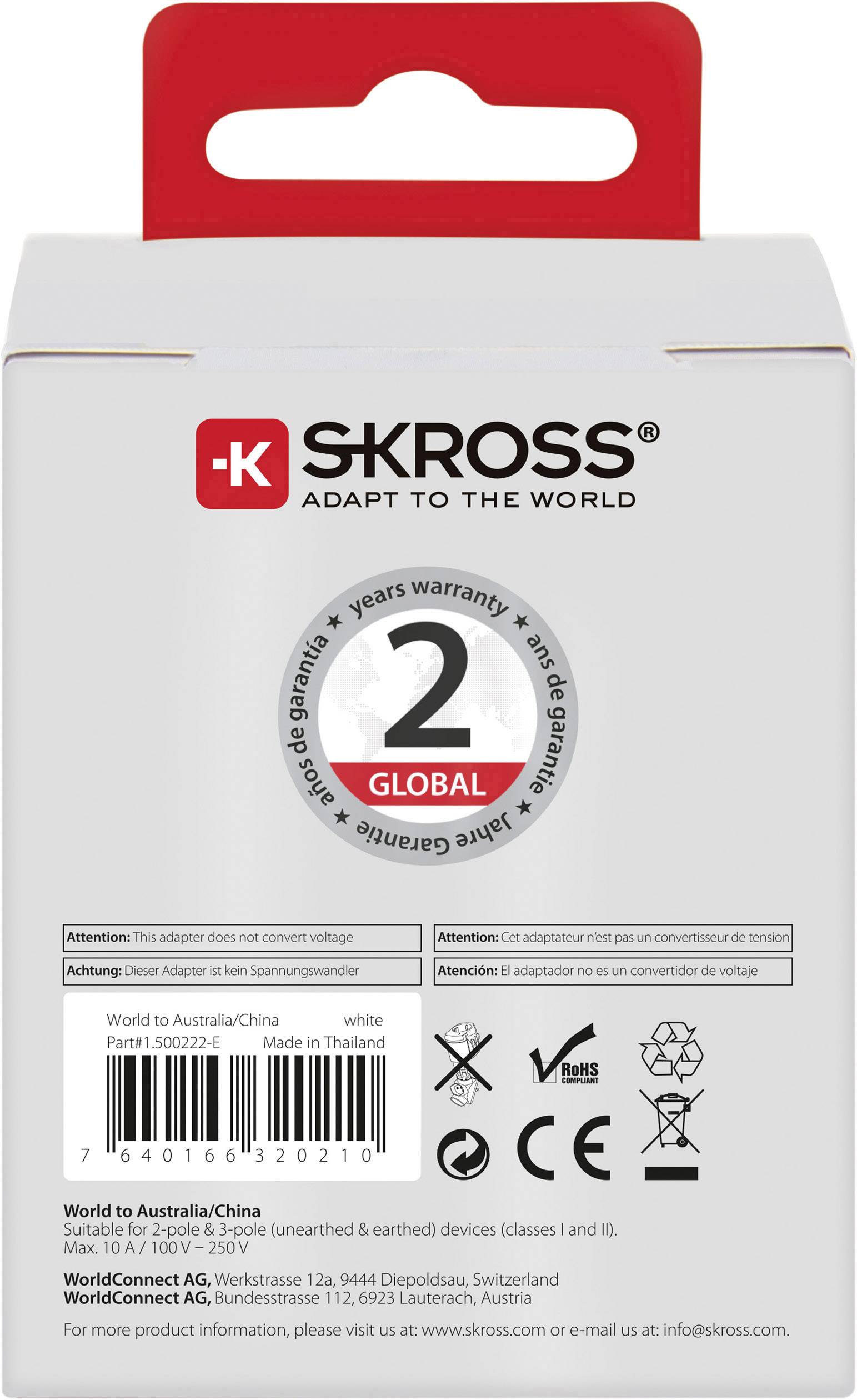 Rückseite einer Verpackung für einen Reiseadapter. Enthält Sicherheitswarnungen, Länderspezifikationen und Kontaktinformationen des Herstellers.