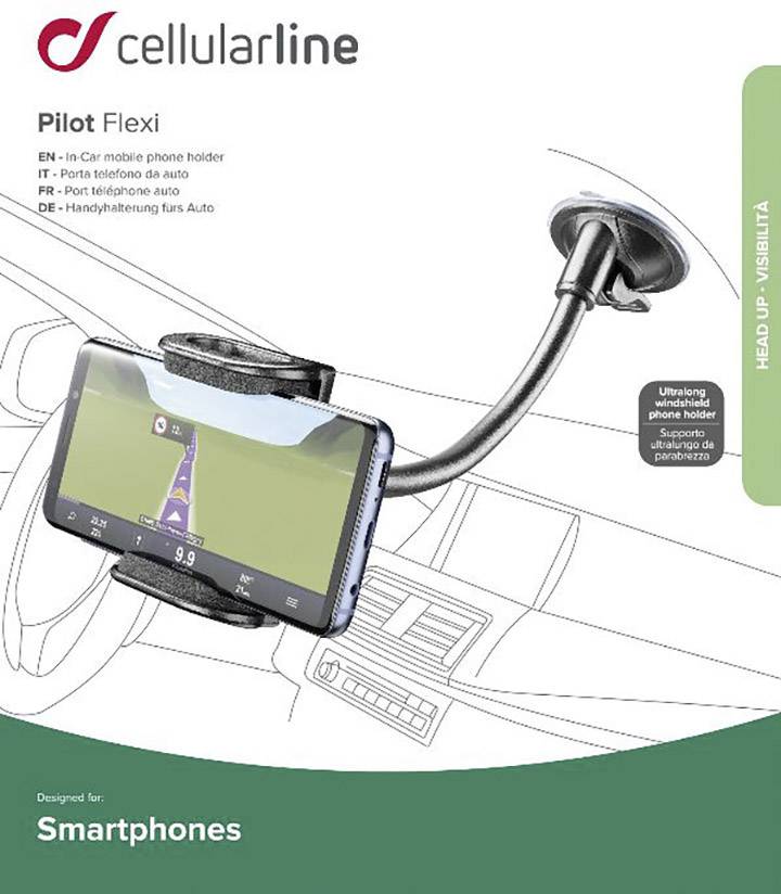 'Cellularline Pilot Flexi' Autohalterung für Smartphones zeigt Navigations-App auf Handy am Armaturenbrett befestigt. Ideal für Autofahrten.