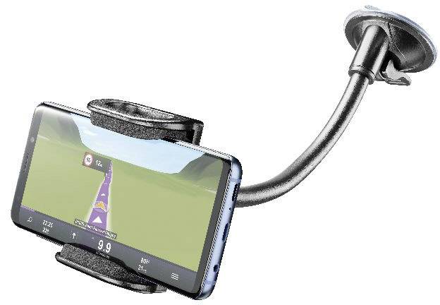 Handyhalterung für das Auto, zeigt ein Smartphone mit Navi-App, das an einer flexiblen Halterung befestigt ist.