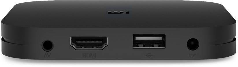 Ein schwarzes Multimedia-Gerät mit Anschlüssen: AV, HDMI, USB und Stromversorgung. Es ist rechteckig und flach gestaltet.