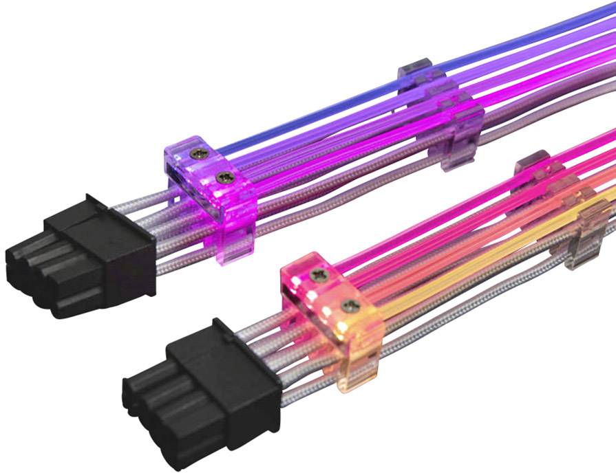 Zwei bunte, beleuchtete Kabel mit Kunststoffverbindungen, die nebeneinander liegen.