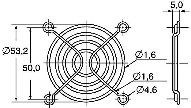 Technische Zeichnung eines Lüftergitters mit Maßen: Durchmesser 53,2 mm, Höhe 50 mm, Drahtstärken 1,6 mm und 4,6 mm. Seitenansicht zeigt Dicke von 5,0 mm.