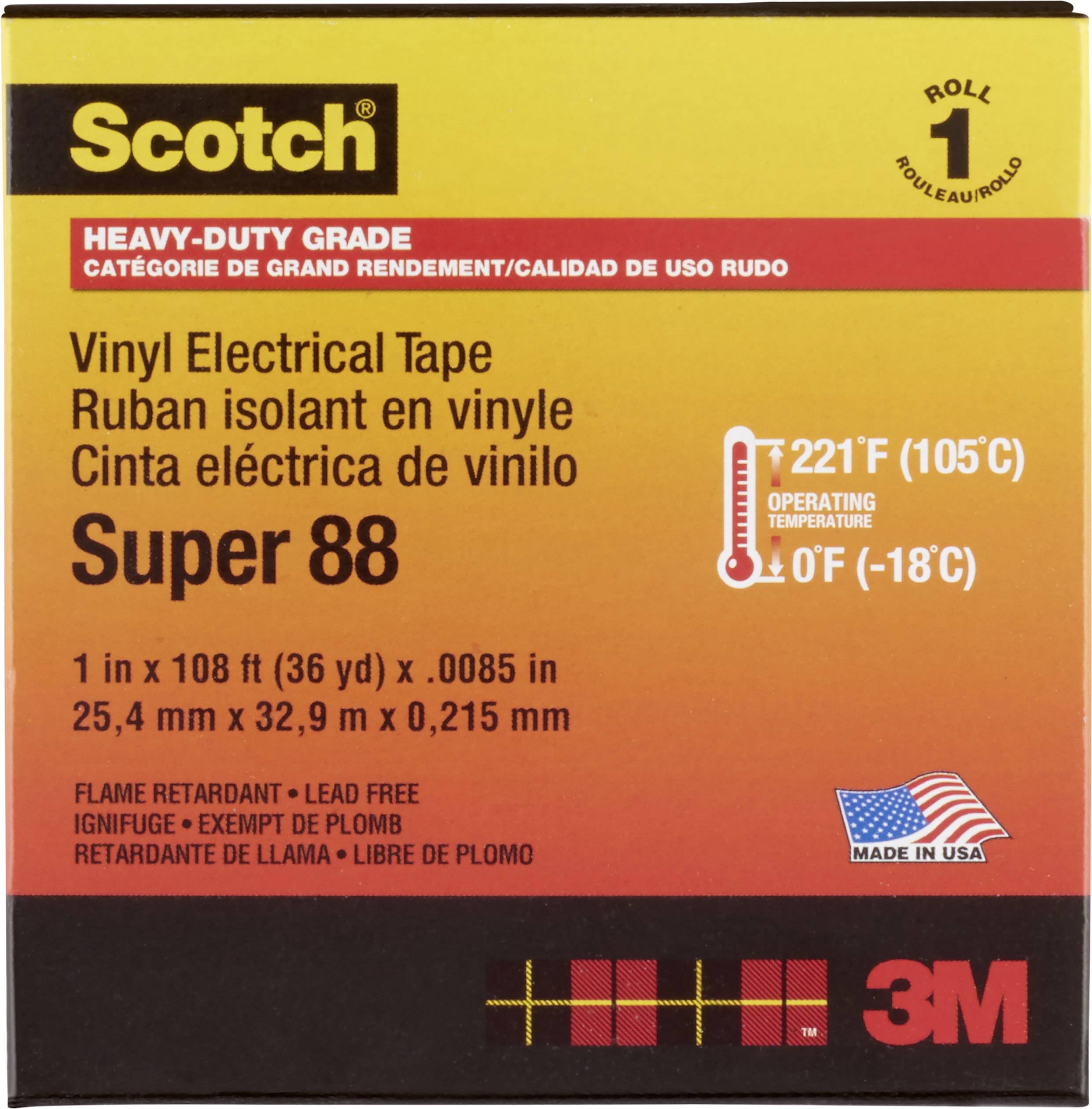 'Scotch Vinyl Electrical Tape Super 88, heavy-duty grade, temperaturbeständig von 221°F (105°C) bis 0°F (-18°C), Made in USA, 1 Rolle.'