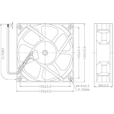 Technische Zeichnung eines quadratischen Lüfters mit Maßen: 120x120x38 mm; Bohrlöcher Ø4,4 mm. Ansichten von vorn und rechts.