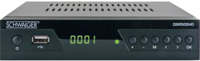 Ein digitaler Satelliten-Receiver mit der Modellnummer 'DSR500HD' auf der Vorderseite, ausgestattet mit einem USB-Anschluss und mehreren Bedienknöpfen.