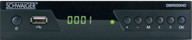 Schwarze digitale Set-Top-Box mit USB-Anschluss und LED-Anzeige, die '0001' zeigt. Sechs Tasten auf der rechten Seite sind sichtbar.