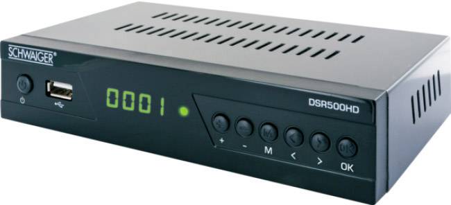 Ein schwarzer digitaler Satellitenreceiver mit USB-Anschluss und LED-Anzeige, zeigt die Kanalnummer ‚0001‘ an.