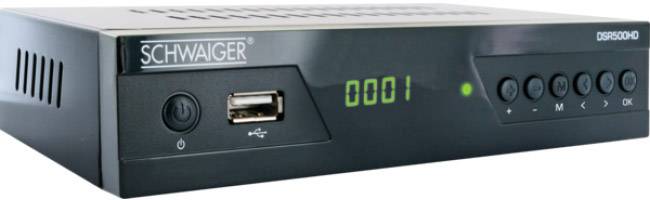 Ein schwarzer DVB-S Receiver mit USB-Anschluss, Display zeigt '0001', sechs Knöpfe rechts neben dem Display für Funktionen.