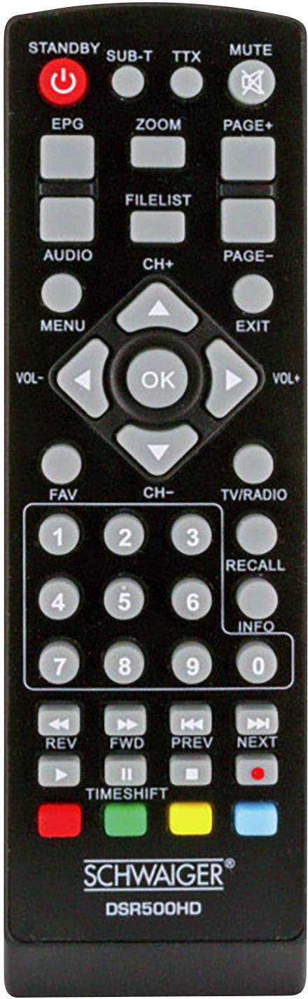 Fernbedienung mit zahlreichen Tasten: Standby, Lautstärke, Kanalwechsel, Menü, Suchen, Timeshift. Marke 'Schwaiger DSR500HD'.