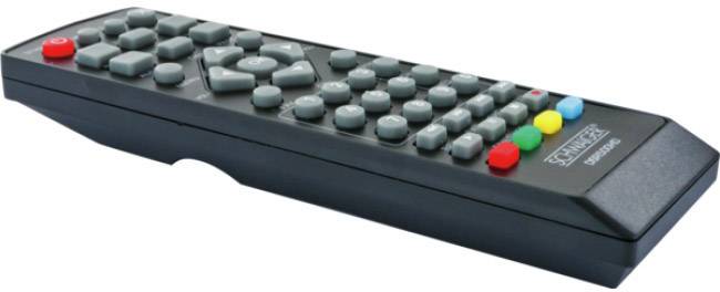 Eine schwarze Fernbedienung mit vielen Tasten, darunter einige farbige. Sie wird zur Steuerung von Elektrogeräten verwendet.