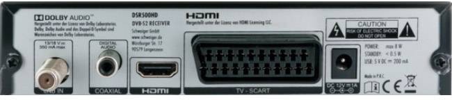 'Rückseite eines DVBS2-Receivers mit Anschlüssen: Dolby Audio, Coaxial, HDMI, TV-SCART. Warnhinweis: Keine abgedeckten Öffnungen blockieren.'