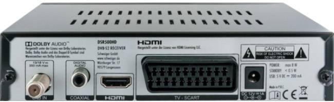 Rückansicht eines digitalen Receivers mit Anschlüssen wie HDMI, TV-SCART und COAXIAL. Herstellerhinweise und Warnhinweis sichtbar.