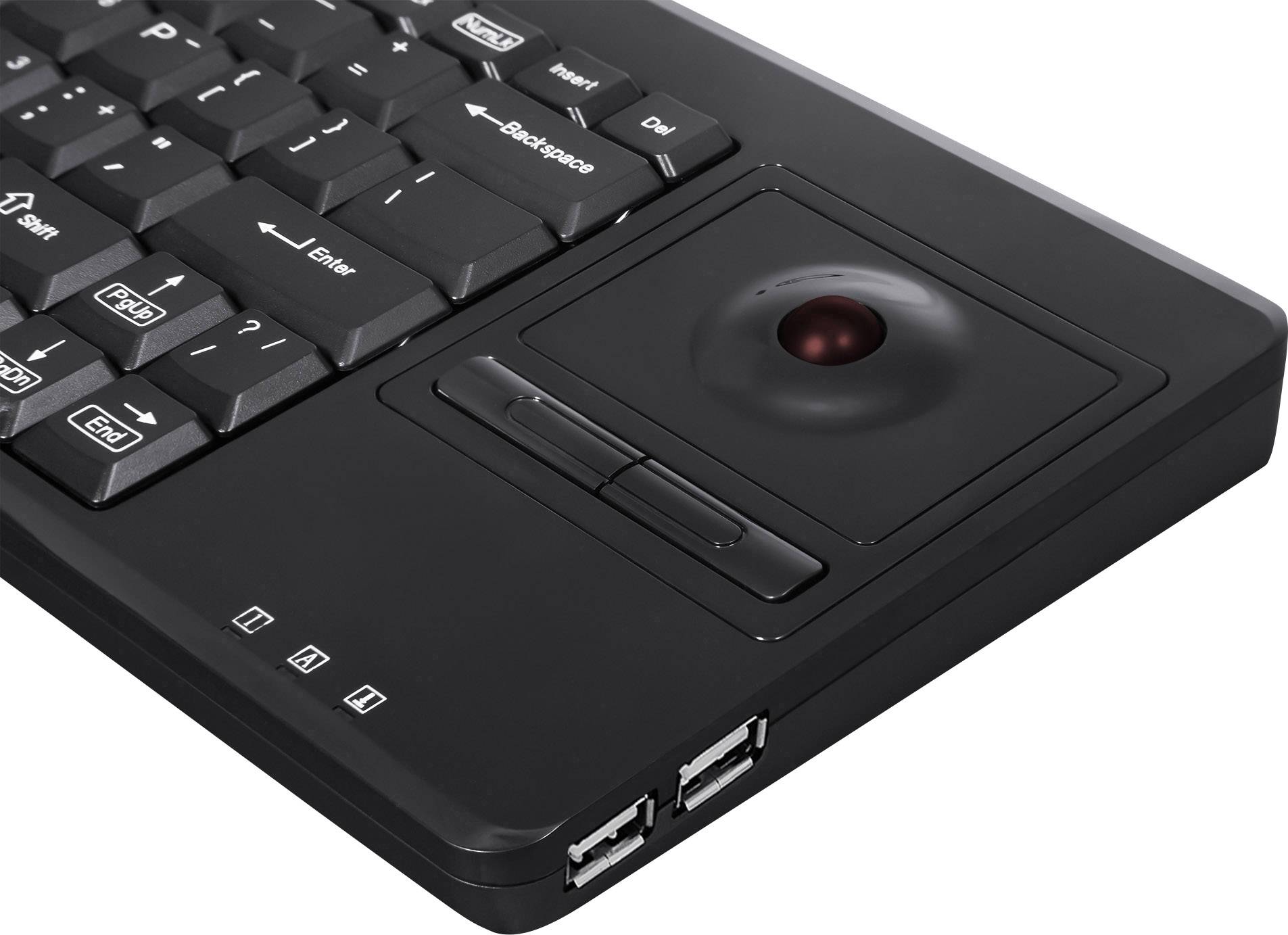 Tastatur mit integriertem Trackball und zwei USB-Anschlüssen.