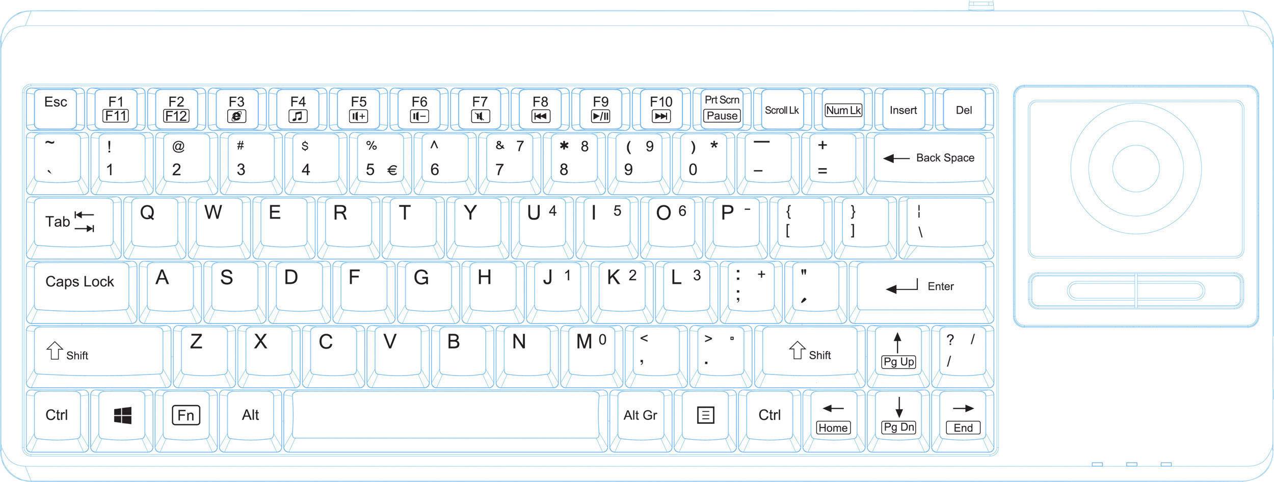 Computertastatur mit eingebautem Touchpad rechts. Tasten umfassen alle Standardbuchstaben, Zahlen und Funktionstasten F1 bis F12.