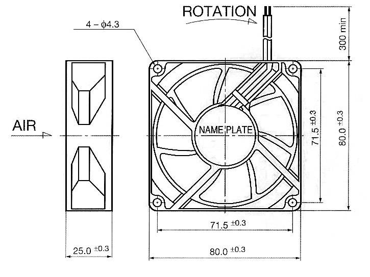 Technische Zeichnung eines Lüfters mit Abmessungen: 80x80 mm, Höhe 25 mm. Luftstrom und Drehrichtung sind angegeben. Namensschild markiert.