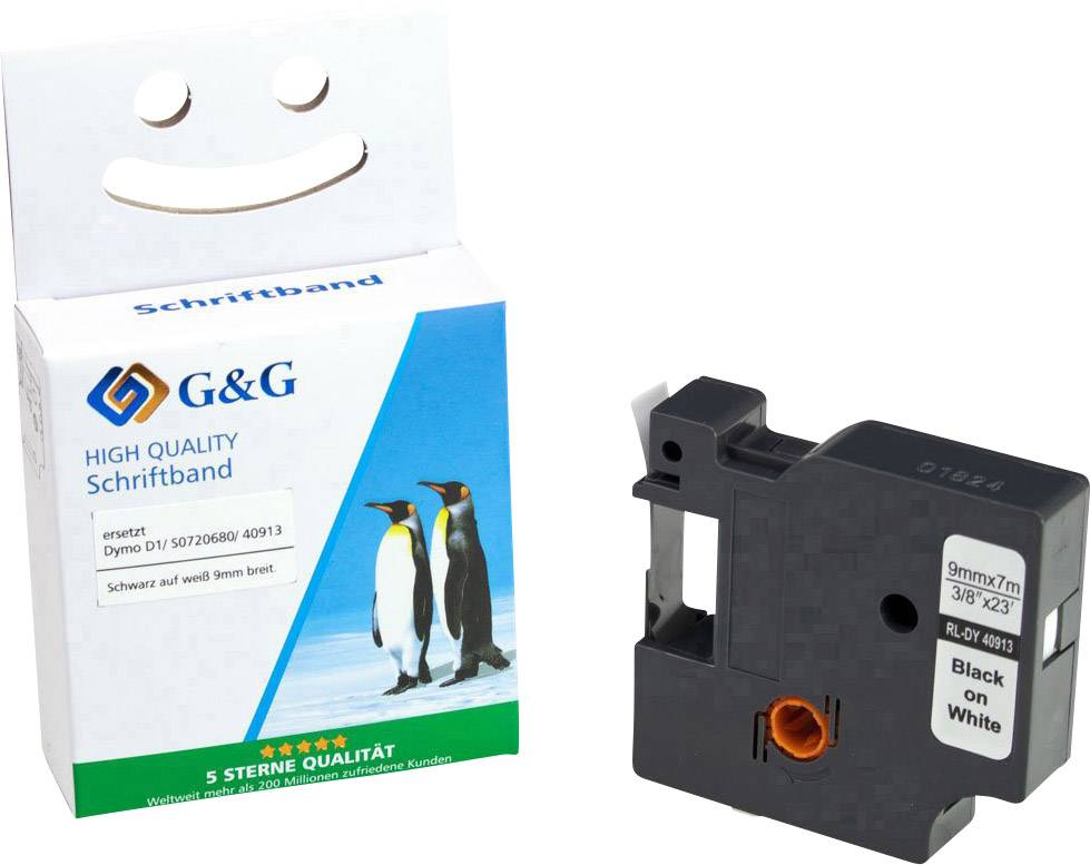 Etikettenbandverpackung mit drei Pinguinen und Ersatzband. Text auf Packung: 'high quality Schriftband für Dymo'.