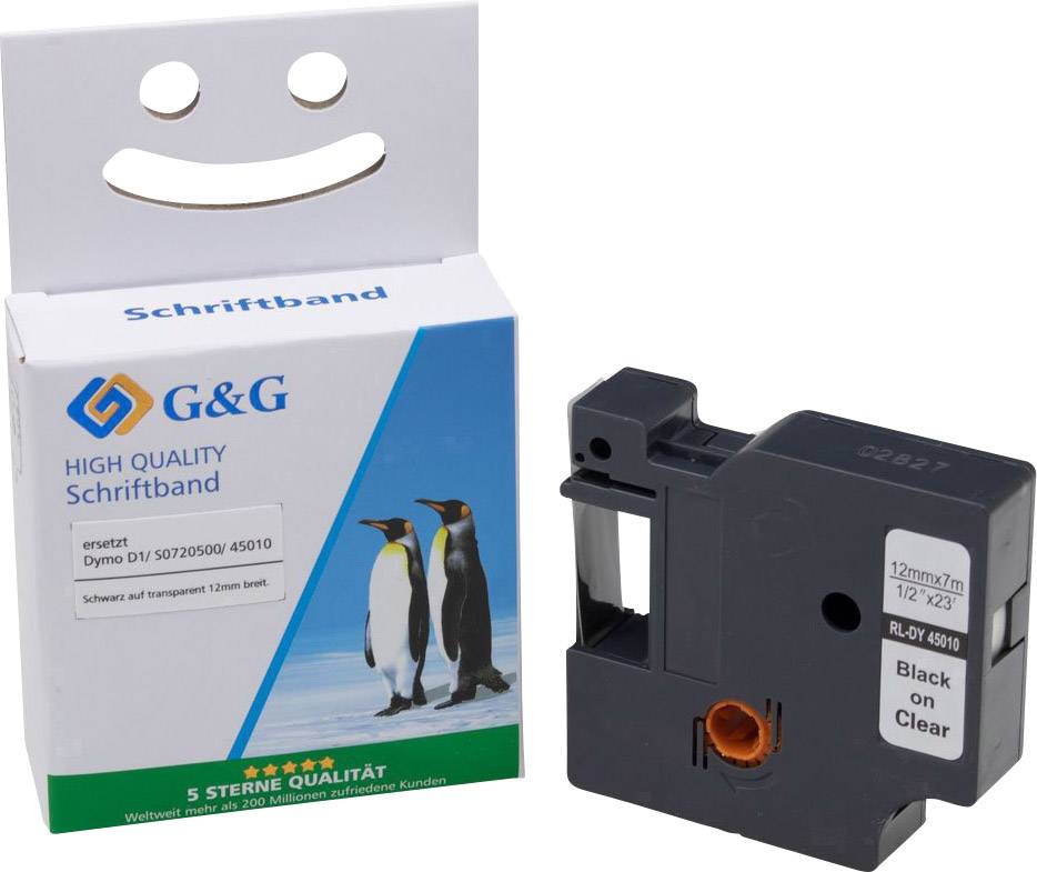 Schriftband G&G 15569 Kompatibel ersetzt DYMO 45010, S0720500 Bandfarbe: Transparent Schriftfarbe: Schwarz 12 mm 7 m