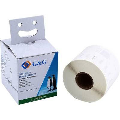 Druckeretiketten von G&G, 62 mm x 30,48 m, für Dymo 57x32mm. Verpackung zeigt Pinguine und ein Lächelgesicht.
