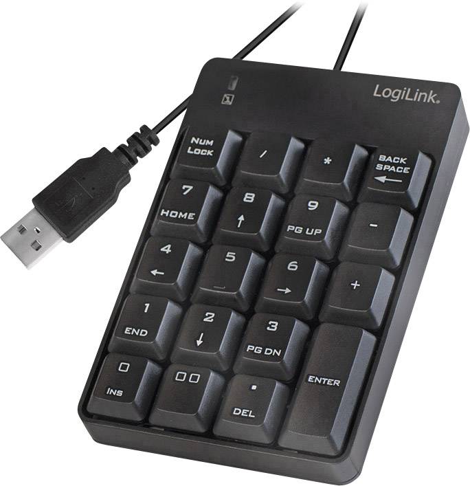 Eine schwarze USB-Zahlen-Tastatur mit numerischen Tasten und Befehlen wie 'HOME', 'PG UP' und 'ENTER'.