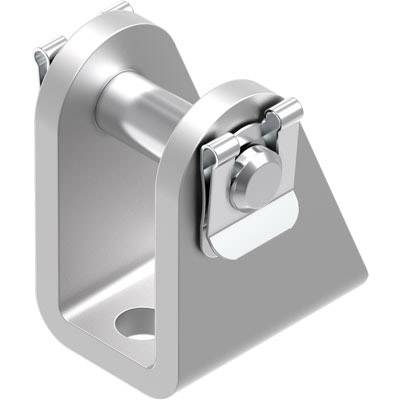 Eine silberne Metallhalterung mit zylindrischem Stift, geeignet für mechanische Konstruktionen oder Maschinenbefestigungen.