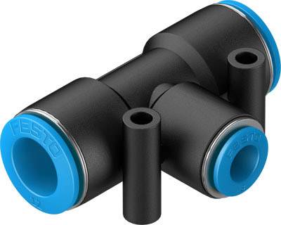 Ein schwarzer T-Stück-Verbinder mit blauen Enden, zum Verbinden von Schläuchen in einem pneumatischen oder hydraulischen System.