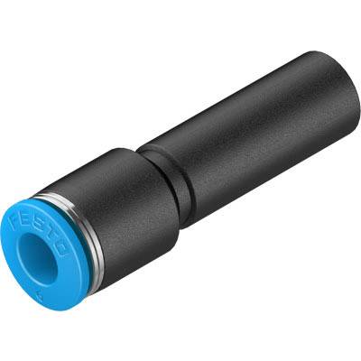 'Festo Pneumatik-Steckverbinder mit schwarzem Gehäuse und blauer Dichtung, geeignet für Druckluftanwendungen in industriellen Systemen.'