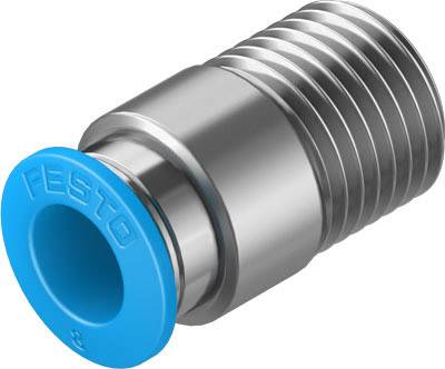 Metallischer Pneumatik-Stecker mit blauem Kunststoffboden, seitlich liegend. Verwendet für Druckluftverbindungen in Industriesystemen.