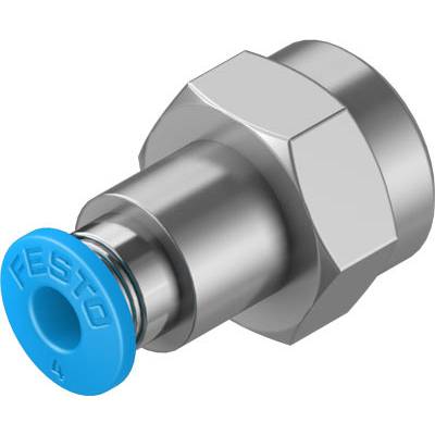 Metallanschlussstück mit blauem Kunststoffring, vermutlich für Rohr- oder Schlauchverbindungen in industriellen Anwendungen.