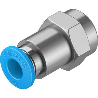 Metallverbindungsteil mit blauem Anschluss und der Aufschrift 'FESTO' auf der Dichtung. Verwendet in pneumatischen Systemen.