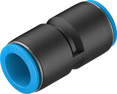 'Ein gerader Steckverbinder aus schwarzem Kunststoff mit blauen Enden, von der Marke Festo, für pneumatische Anwendungen geeignet.'