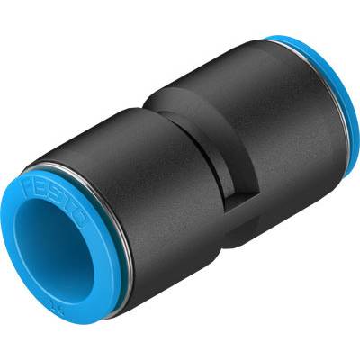 'Ein gerader Steckverbinder aus schwarzem Kunststoff mit blauen Enden, von der Marke Festo, für pneumatische Anwendungen geeignet.'