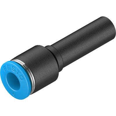 Ein schwarzes pneumatisches Verbindungsstück mit blauem Ende. Verwendet für Druckluftsysteme, hergestellt von Festo.