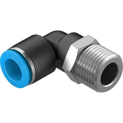 Ein Winkel-Bauteil aus Metall mit einem blauen Kunststoffring, vermutlich ein Rohrverbinder oder Adapter, wird von der Seite gezeigt.