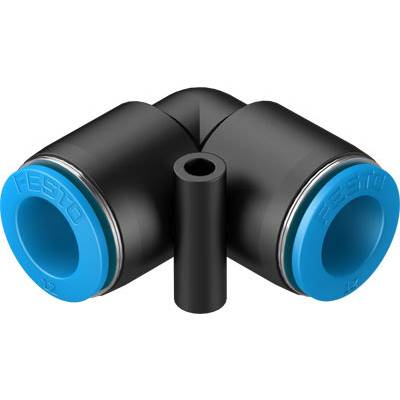Ein schwarzer Kunststoff-Rohrverbinder mit zwei blauen Enden, rechtwinklig geformt, wird für industrielle Anwendungen verwendet.