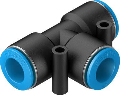 Ein T-Stück-Steckverbinder aus Kunststoff mit blauen Anschlüssen, verwendet zur Verbindung von Schläuchen oder Rohren in industriellen Anwendungen.