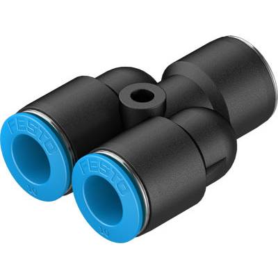 Schwarze und blaue pneumatische Steckverbindung von Festo, T-förmig, für Luftdrucksysteme, mit zwei Eingängen und einem Ausgang.