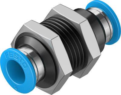 Verschraubung mit blauen Endkappen für Pneumatiksysteme. Hauptmaterial Metall, Gewinde in der Mitte. Marke 'Festo' sichtbar.
