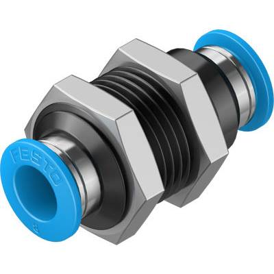 Verschraubung mit blauen Endkappen für Pneumatiksysteme. Hauptmaterial Metall, Gewinde in der Mitte. Marke 'Festo' sichtbar.