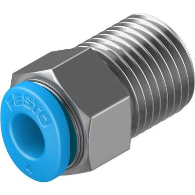 Metallanschlussstück mit blauem Kunststoffende, vermutlich für Pneumatik- oder Hydrauliksysteme. Markiert mit 'FESTO'.