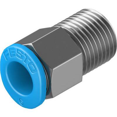 Metallischer Pneumatik-Steckanschluss mit blauer Verschlusskappe, Gewinde und sechseckigem Schraubenkopf für Rohrverbindungen.