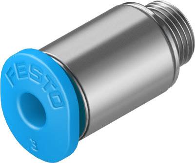 Ein silbernes Metallventil mit einem blauen Kunststoffende. Auf dem blauen Ende steht 'FESTO'. Ventil ist zylindrisch und hat ein Gewinde.