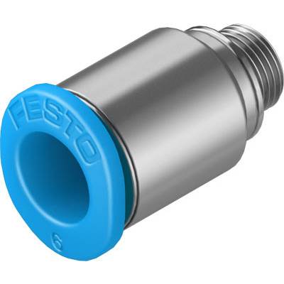Ein silbernes Metallteil mit blauer Gummikappe, auf der 'FESTO' steht, und einem Gewindeende.