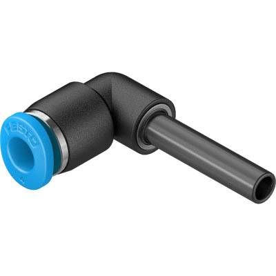 Schwarzer Kunststoff-Winkelanschluss mit blauer Kappe und geradem Rohr für pneumatische Systeme.
