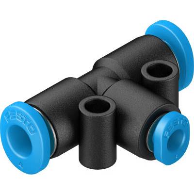 Ein T-Stück-Verbinder mit blauen Enden, typisch für Druckluftanwendungen.